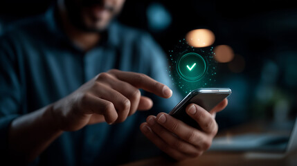 Digital identity verification green check mobile secure authentication approved access cyber security validated credentials technological confirmation defocused background