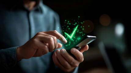 Digital identity verification green check mobile secure authentication approved access cyber security validated credentials technological confirmation defocused background