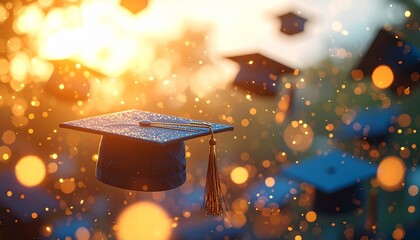 Jubilant graduation caps soar high amidst a radiant golden light, symbolizing academic achievement, future success, and the bright beginnings of a new chapter in life