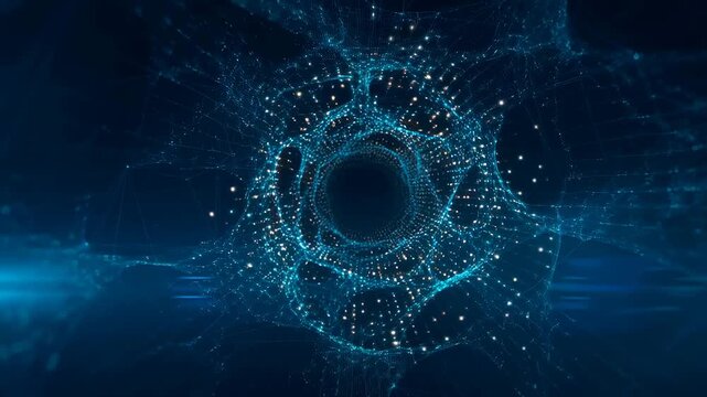 Abstract digital tunnel with glowing particles and interconnected lines. Represents technology, innovation, and data visualization in a futuristic context