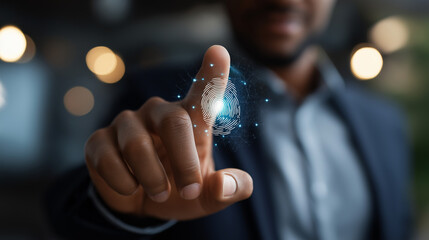 Faceless man using thumb scan finger print digital processing biometric identification access security system internet banking cloud system mobile phone cyber security concept