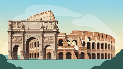 Naklejka premium Stylized illustration of ancient Roman landmarks under a pale sky