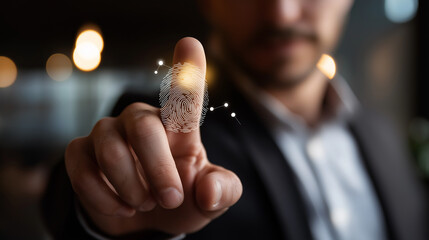 Faceless man using thumb scan finger print digital processing biometric identification access security system internet banking cloud system mobile phone cyber security concept