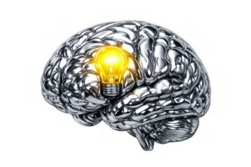 Metallic human brain with a glowing light bulb, representing intelligence, innovation, and creative thinking on a transparent background