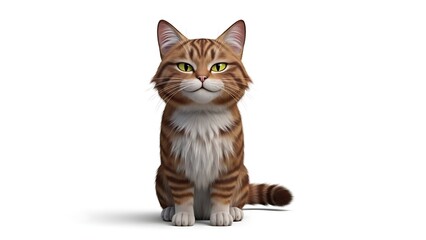 Obraz premium A charming animated tabby cat with green eyes and striped fur sits looking forward on a white background.