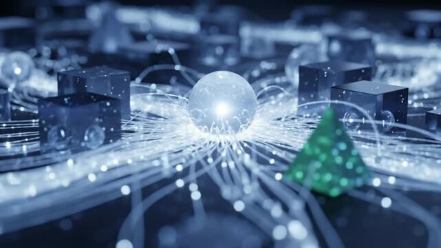 Abstract network of glowing lines connecting geometric shapes, creating a futuristic technology concept.