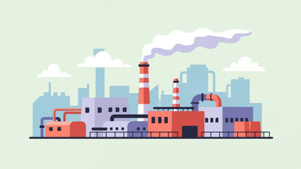 Obraz premium Stylized factory with smokestacks and pipes under a sky with clouds