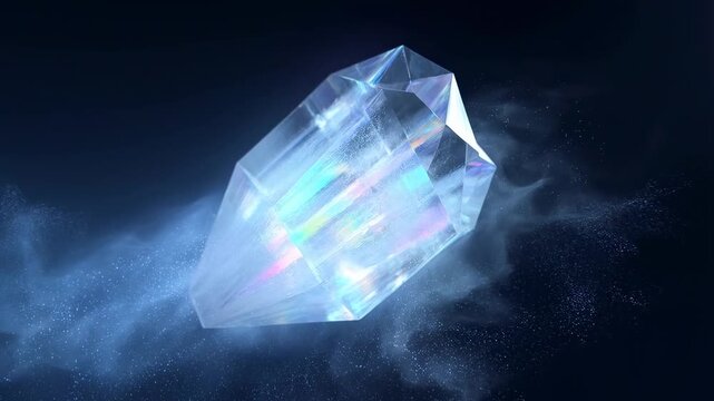 Shimmering crystal drift in mystical smoke: a mesmerizing dance of light and motion