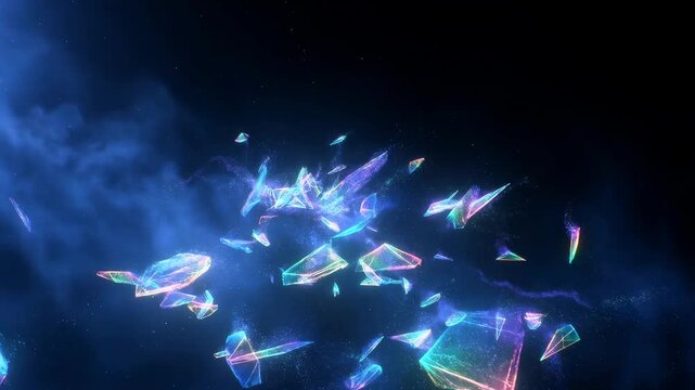 Colorful crystal shards shattering and floating in mystical space