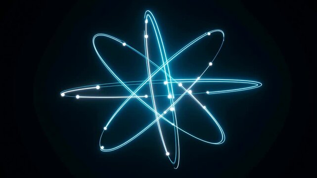 Glowing atom animation: blue electron orbitals in motion on dark background