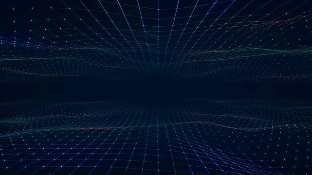 Abstract digital wave grid animation with colorful lines and dots. Represents technology, data visualization, and modern design concepts