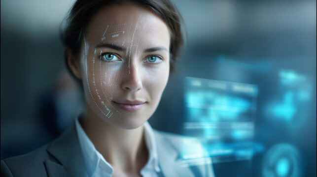 Cyber security scanning woman's face against virtual interface digital data biometric identification facial recognition technological authentication cyber protection - Powered by Adobe