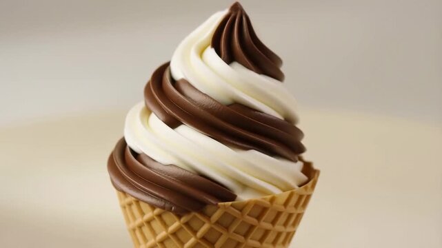 Swirling chocolate and vanilla soft serve ice cream cone in motion
