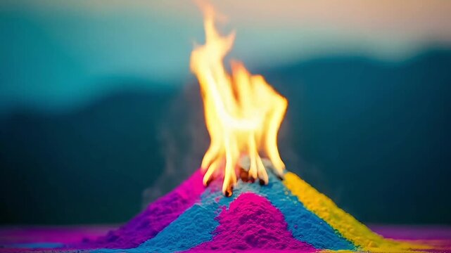 Holika dahan ritual fire video motion animated footage burning over colorful holi powder with spiritual festival symbolism and cultural ceremony scene