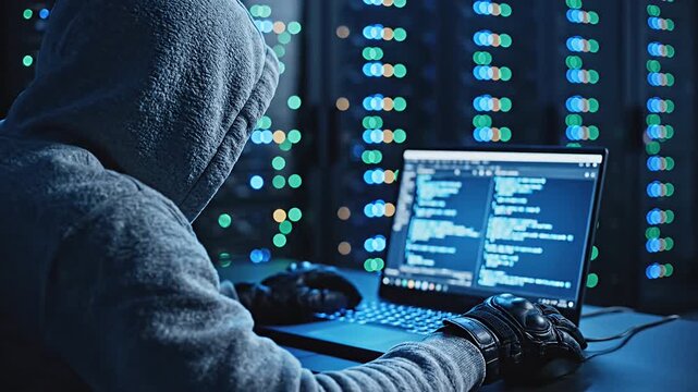 Anonymous Hacker in Hooded Sweatshirt Working on Laptop with Code on Screen in Dark Room with Blurry Server Racks in Background - 4K Video