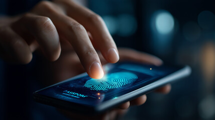 Faceless man touching digital product passport hologram interface authentication concept secure verification cyber technology digital credentials blockchain identity