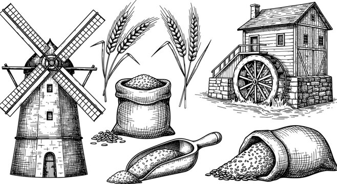 Traditional grain milling elements with windmill, watermill, wheat stalks, grain sacks and scoop in black and white sketch