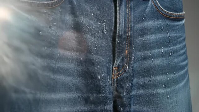 Close-up of blue denim jeans with water droplets, showcasing fabric texture and design.