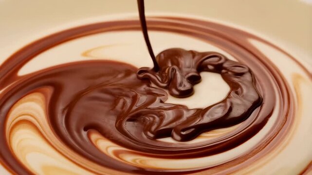 Smooth chocolate swirl mixing into creamy liquid creating mesmerizing patterns