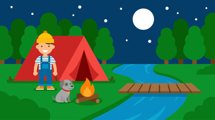 Naklejka premium Boy and Dog Camping at Night with Tent and Campfire Flat Design Vector Illustration