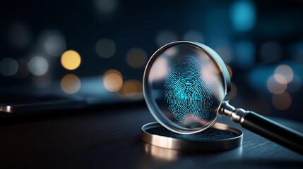 Fingerprint with magnifying glass revealing biometric code security analysis identity verification cyber investigation digital authentication technological examination