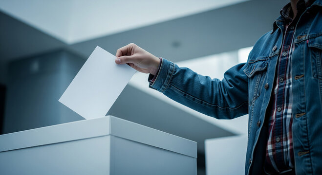 Person casting a vote into a ballot box, representing civic duty and democratic participation.