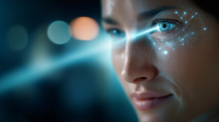 Biometric facial recognition scanning blue eye iris futuristic concept projector identifies individual illuminating face dots scanning laser closeup shot technological