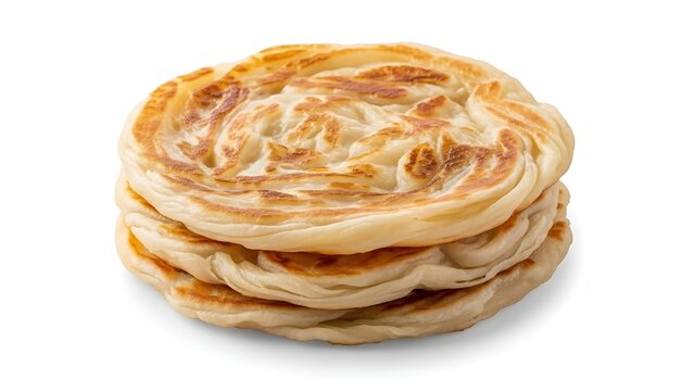 A stack of three golden-brown, flaky Roti Canai or Paratha flatbreads, freshly cooked and ready to be served on a white background.