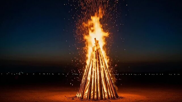 Holika dahan fire ritual night scene video motion animated footage with burning bonfire glowing flames and traditional holi festival cultural background