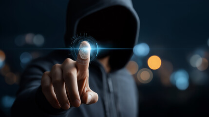 Cybersecurity threat concept faceless hacker using fingerprint access password data showing digital identity protection online security internet privacy risk cyber danger
