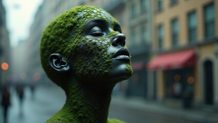 Fototapeta premium Urban nature, mossy face in cityscape