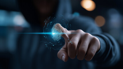 Cybersecurity threat concept faceless hacker using fingerprint access password data showing digital identity protection online security internet privacy risk cyber danger