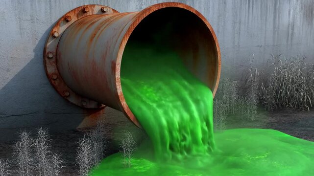 Bright green liquid flowing from rusty pipe into dry ground leading to contamination