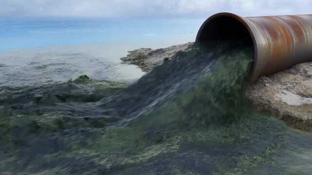 Polluted water flowing from pipe into ocean shows impact on nature and environment