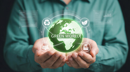 Person holding glowing green earth globe with digital eco friendly sustainability icons co
