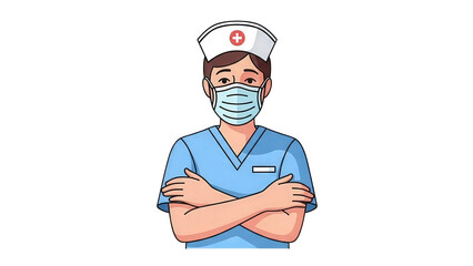 Nurse with Mask and Cap in Blue Scrubs