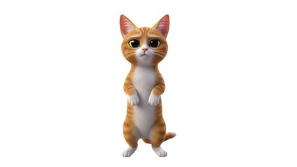 Fototapeta premium Adorable orange and white cartoon cat standing on its hind legs with large, expressive eyes and a slightly sad or pleading expression, isolated on a white background.
