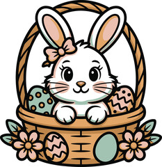 A charming illustration of a white bunny peeking from a woven basket filled with easter eggs