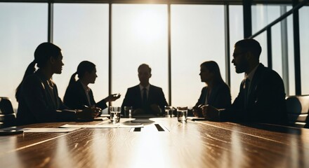 Silhouetted business meeting in modern boardroom with sunlight through windows, corporate teamwork discussion.