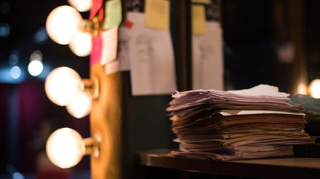 backstage. A table in the wings of a stage, stacked with bound scripts under dramatic lighting. event programs, museum guides, designed for cultural heritage projects and event programs.
