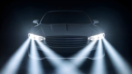 Bright Car Headlights Illuminating Dark Night, Front View of Modern Vehicle