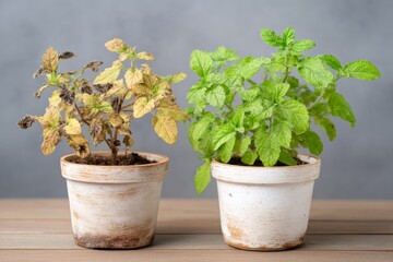 Fototapeta premium Two identical potted plants showing a comparison between a dying dry plant with yellow leaves and a healthy vibrant green plant, gardening care