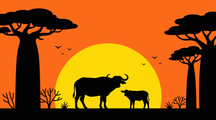 Naklejka premium African Buffalo Mother and Calf at Sunset Vector Illustration Minimalist Flat Design