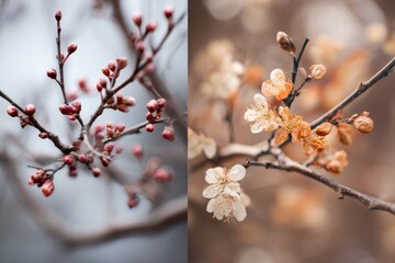 Collage showing the transformation of fruit tree branches from small red buds to beautiful white blossoms in early spring season