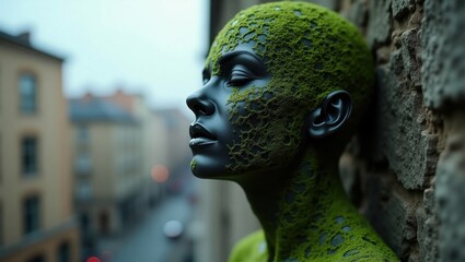 Moss-covered face in urban setting