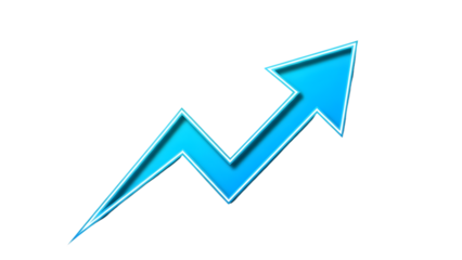 Blue arrow graph trending upwards, symbolizing growth and success, isolated on transparent background