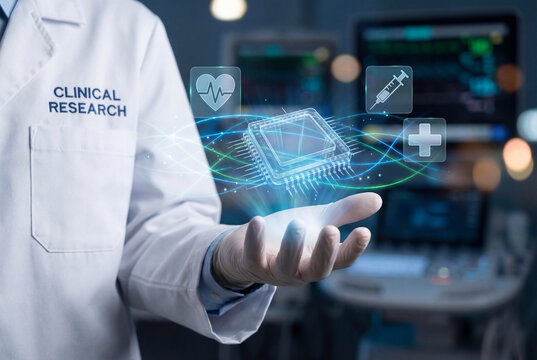 Clinical research scientist holding holographic AI microchip with healthcare icons. Concept of medical technology, digital health innovation and biotechnology. - Powered by Adobe