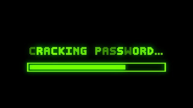 Retro Hacking Interface Screen with 8 Bit Pixel &ldquo;Password Cracking&rdquo; Text and Neon Green Progress Bar on Black Background