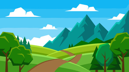 Obraz premium Scenic Mountain Landscape with Green Rolling Hills and Path Flat Design Vector Illustration