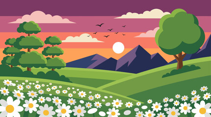Peaceful Landscape Vector Illustration in Flat Design with Mountain Sunset and Flower Field